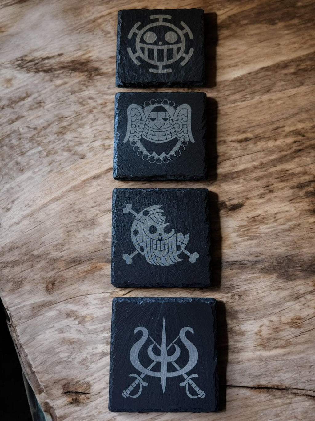 Laser-Etched One Piece Anime Slate Coasters – Warlords of the Sea Set